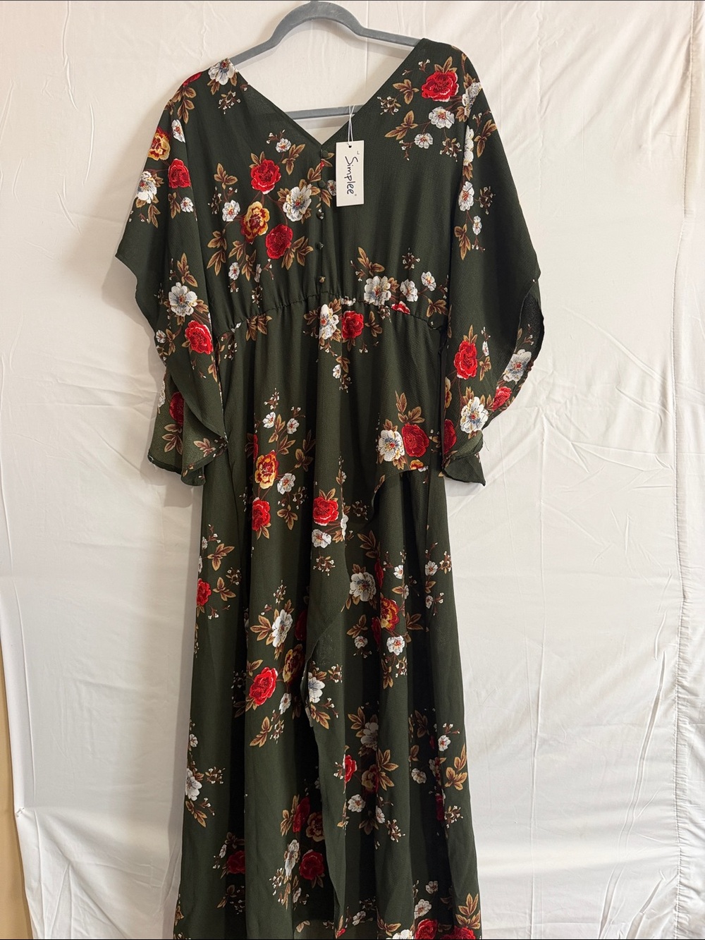 Simplee Apparel Olive Maxi Dress with Red & White Floral Print
